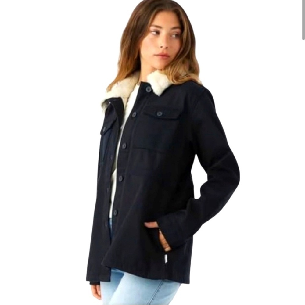 Hang Ten Black Utility Jacket with Cream Collar, Size LARGE